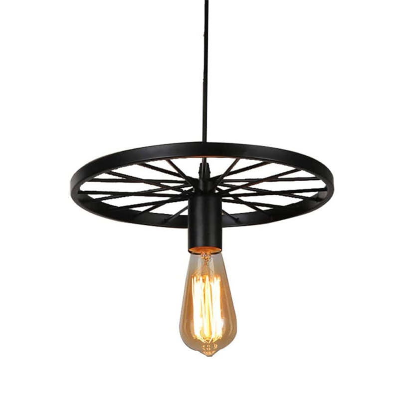 Alessio Retro Industrial Wagon Wheel Metal Pendant Light, Black/Rust