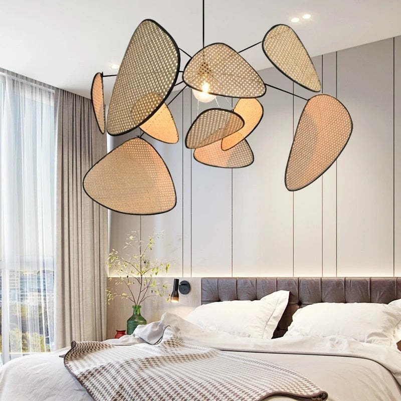 Ritta Pendant Light Leaf Grid, Rattan/Metal, Bedroom