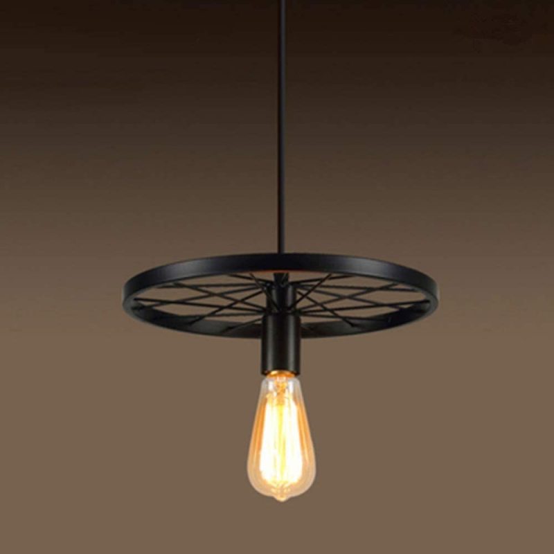 Alessio Retro Industrial Wagon Wheel Metal Pendant Light, Black/Rust